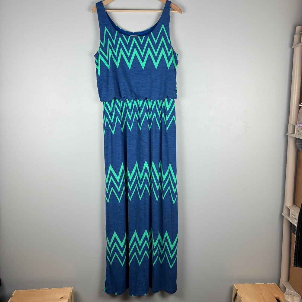 Pomelo Large‎ Blue Aqua Chevron Sleeveless Maxi Dress Cruise Coastal Resort NWOT